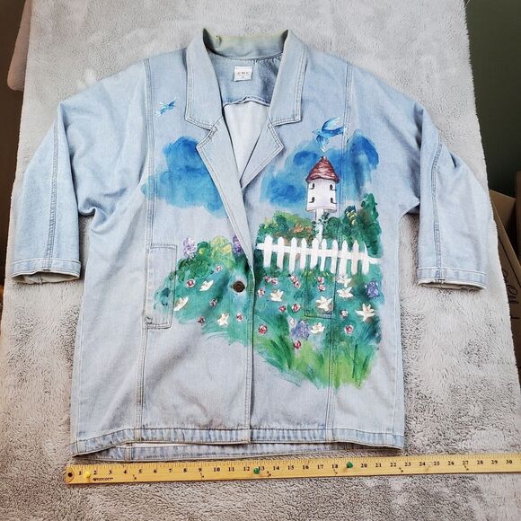 Vtg Denim Barn Coat Womens M  Western Duster Blue Jean Chore Jacket Hand Painted - Picture 1 of 12